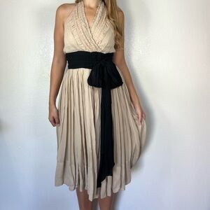 Vintage Glam Y2K Elegant Cream and Black Halter Dress Black Waist Bow Midi Dress